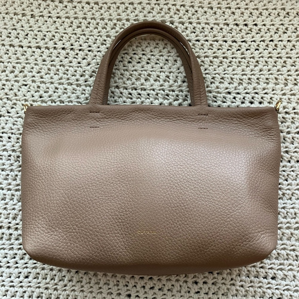 Cuyana Mini Easy Zipper Tote in Cappuccino, with extra strap.